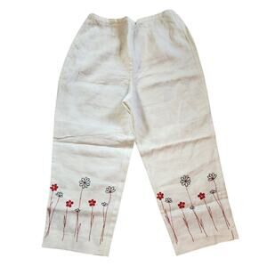 Norton McNaughton Womens Crop Linen Pants Size PS Petite White Floral Embroidery